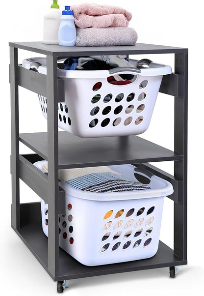 Laundry Basket Holder Shelf (2-Tier) - Stackable Engineered Wood Laundry Tower with Wheels, Tiered Laundry Hamper Organizer for Bathroom, Bedroom