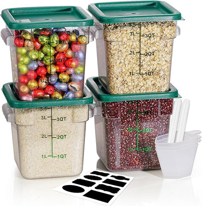 4QT NSF Food Storage Containers: 8 PCS [Food Grade][Hot&Cold Resistant] Commercial Clear Food Storage Containers with Lids for Restaurant Kitchen Proof Dough, Measuring Spoons Included(Green)