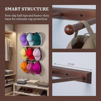 Hat Rack for Baseball Caps, Black Walnut Hat Organizer, Holds 30 Caps, Wall Mounted with Expansion Bolts or Adhesive