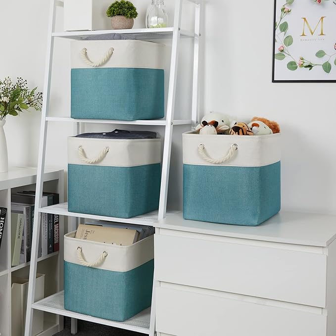 Temary Cubes Storage Baskets 12 Inch Cube Storage Bins for Shelf, Fabric Storage Cubes for Gift Empty Baskets for Home, Collapsable Box Basket for Storage (White&Teal)
