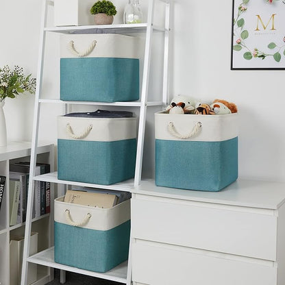 Temary Cubes Storage Baskets 12 Inch Cube Storage Bins for Shelf, Fabric Storage Cubes for Gift Empty Baskets for Home, Collapsable Box Basket for Storage (White&Teal)