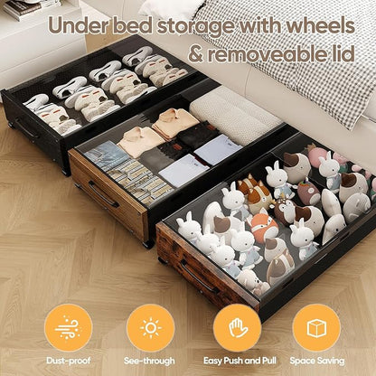 Under Bed Storage with Wheels, 2 Packs Wooden Storage Containers Extra Large Underbed Shoes Organizer, Rolling Under Bed Storage Drawers with Clear Lid, Heavy Duty for Clothes Toys 36"L (Vintage)