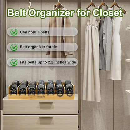 Belt Organizer, 7 Compartments Belt Organizer for Closet and Drawer, Belt Holder Case for Tie and Belt, Bamboo Storage Box for Men and Women (Wooden, 7)
