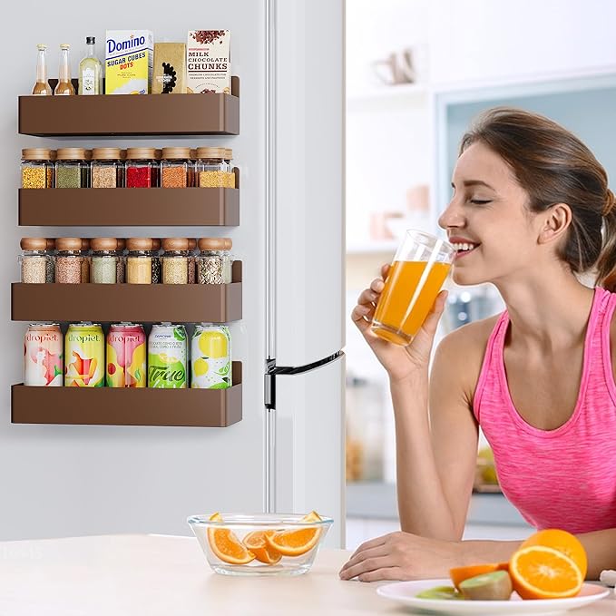 Mystozer Magnetic Spice Rack for Refrigerator, Kitchen Organizer and Storage Shelf, Brown(4 Pack)…