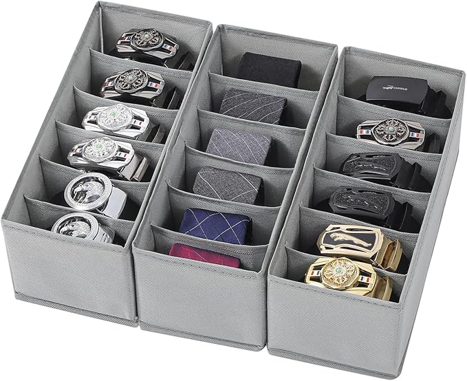 3 Packs Fabric Belt Organizer for Closet and Drawer, Foldable 6 Grids Dresser Drawer Organizers, Belt Tie Holder, Tie Box-Grey