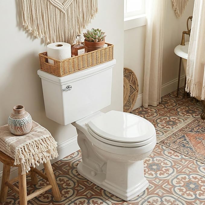 Toilet Paper Basket with Handles, Wicker Toilet Tank Basket, Narrow Bathroom Organizer for Back of Toilet & Tank Top, Ideal for Cottage Core Decor, Natural Tan, 14" L x 6" W x 3" H