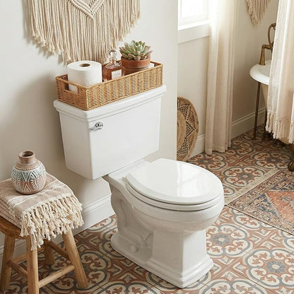 Toilet Paper Basket with Handles, Wicker Toilet Tank Basket, Narrow Bathroom Organizer for Back of Toilet & Tank Top, Ideal for Cottage Core Decor, Natural Tan, 14" L x 6" W x 3" H