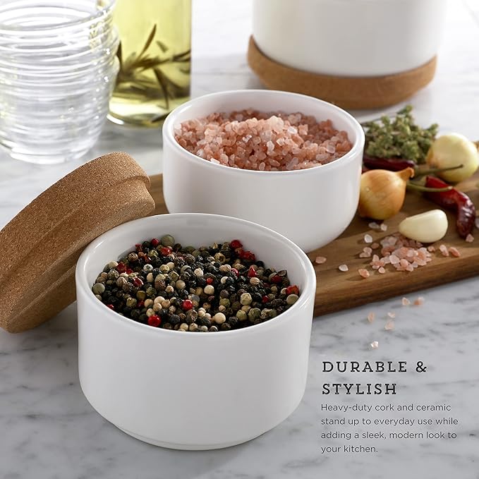 Kamenstein Cork and Ceramic 3 Piece Stackable Salt and Pepper Cellar For Countertop Space Saving; Pivoting Lid to Retain Freshness for Easy Open, 4 x 4 x 4.25 Inch, Natural Cork and White Ceramic