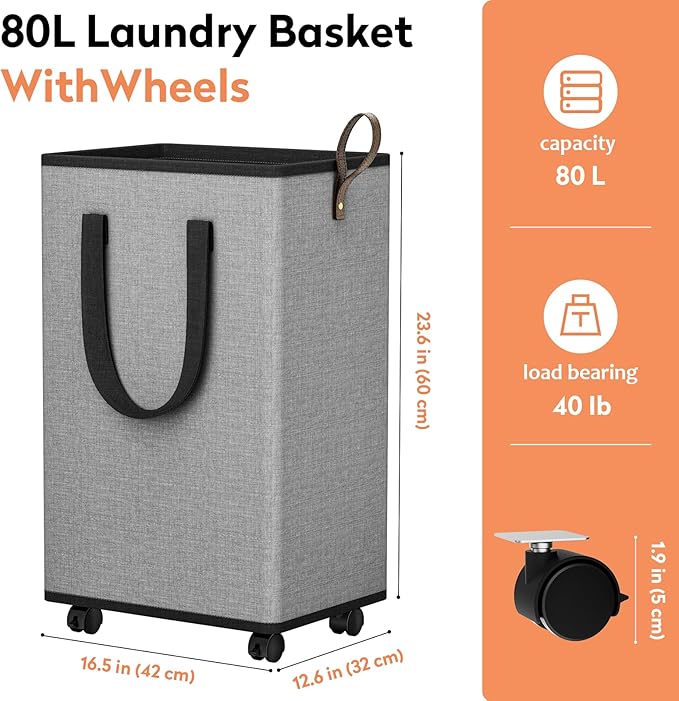 SpaceTrove Laundry Basket with Wheels, Collapsible Laundry Baskets, Laundry Hamper with Handles Detachable Wheels, Rolling Laundry Basket, Dirty Clothes Hamper for Bathroom, Dorm, Bedroom, Grey, 80L