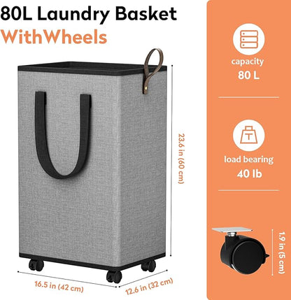SpaceTrove Laundry Basket with Wheels, Collapsible Laundry Baskets, Laundry Hamper with Handles Detachable Wheels, Rolling Laundry Basket, Dirty Clothes Hamper for Bathroom, Dorm, Bedroom, Grey, 80L