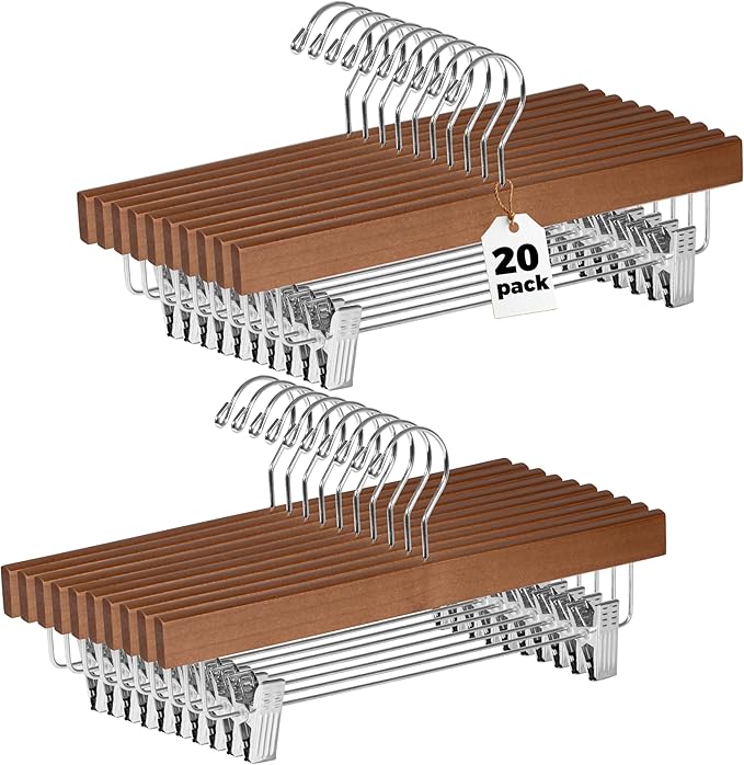 Quality Hangers Wooden Pants Hangers - 20-Pack Swivel Hook Cloth Hanger Set - Lotus Wood Skirt, Pant, Shorts and Slack Hangers with Adjustable Clip (Walnut - Chrome Hook, 20)