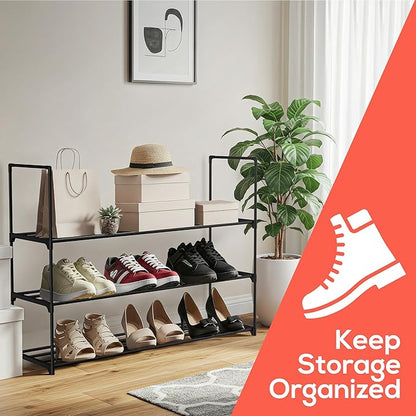 Black 3 Tier Shoe Rack, 36" Large Shoe Shelf Holds 15 Pairs of Shoes, Heavy Duty Shoe Rack for Entryway, Bedroom, Closet, Up to 22 lb Weight Capacity, Space-Saving and Easy to Assemble