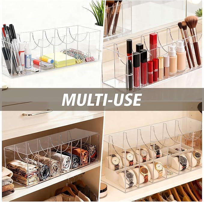 JASGOOD Belt Organizer for Closet,Acrylic 7 Compartments Storage Holder with Dust Cover Lid for Closet Drawer, Display Case for Belts, Ties, Watches, Jewelry and Accessories