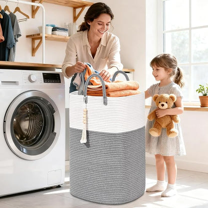 Woven Laundry Basket for Clothes, 65L Large Rectangle Laundry Hampers with Beads Tassel, Nursery Storage Basket for Toys, Tall Dirty Clothes Hamper for Bedroom Aesthetic, Laundry Room Organization