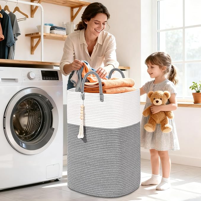 Woven Laundry Basket for Clothes, 80L Large Rectangle Laundry Hampers with Beads Tassel, Nursery Storage Basket for Toys, Tall Dirty Clothes Hamper for Bedroom Aesthetic, Laundry Room Organization