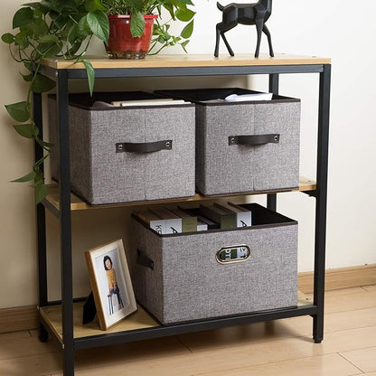 PRANDOM Larger Collapsible Storage Bins for Closet [5-pack] Decorative Linen Fabric Storage Baskets Cubes with Leather/Metal Handles for Living Room Grey (17.3x12.2x10.4 Inch)