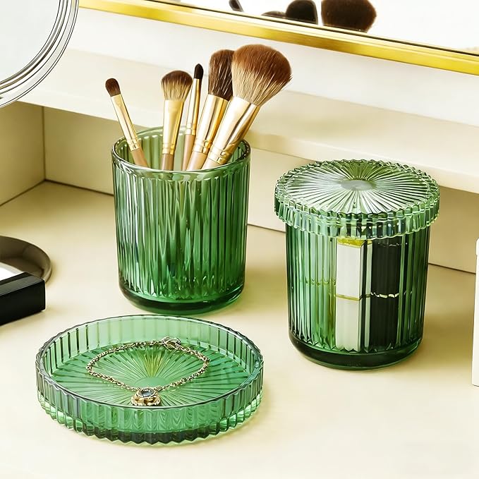 Glass Qtip Dispenser 2 Pack, Clear Bathroom Storage Organizer for Cotton Swabs, Balls, Pads & Floss Picks, Vanity Makeup Essential Accessories (Green)