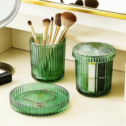 Glass Qtip Dispenser 2 Pack, Clear Bathroom Storage Organizer for Cotton Swabs, Balls, Pads & Floss Picks, Vanity Makeup Essential Accessories (Green)