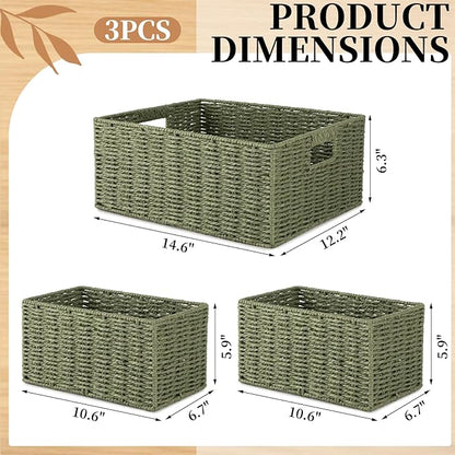 OIAHOMY Wicker Baskets for Organizing, Large and Small Shelf Baskets Set, Handwoven Bins for Storage,Paper Rope Home Organizers, Set of 3-Green