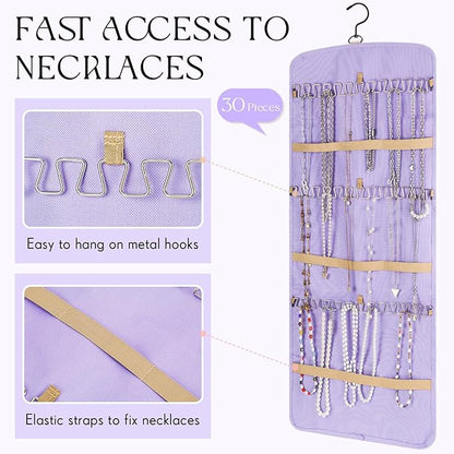 2 Pack Hanging Jewelry Organizer Storage with 39 Pockets, 30 Necklace Hooks Double Sided Wall Mount Earring Holder Organizer Bracelet Necklace Jewelry Display Hanger for Closet Door (Purple)