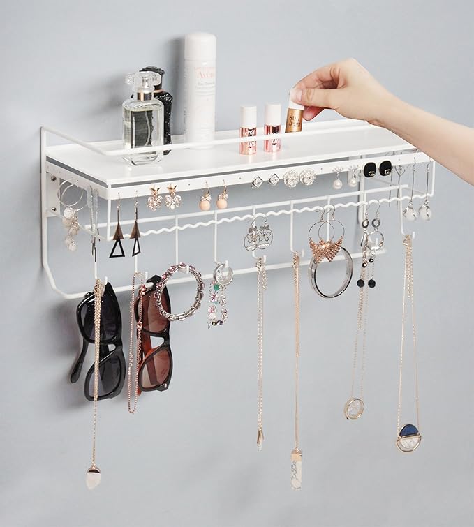 JackCubeDesign White Metal Necklace Jewelry Organizer Wall Mount Jewelry Holder Shelf Mounted Hanging Storage Hooks for Necklace, Earrings, Sunglasses, and Aesthetic Room Decor – MK238B