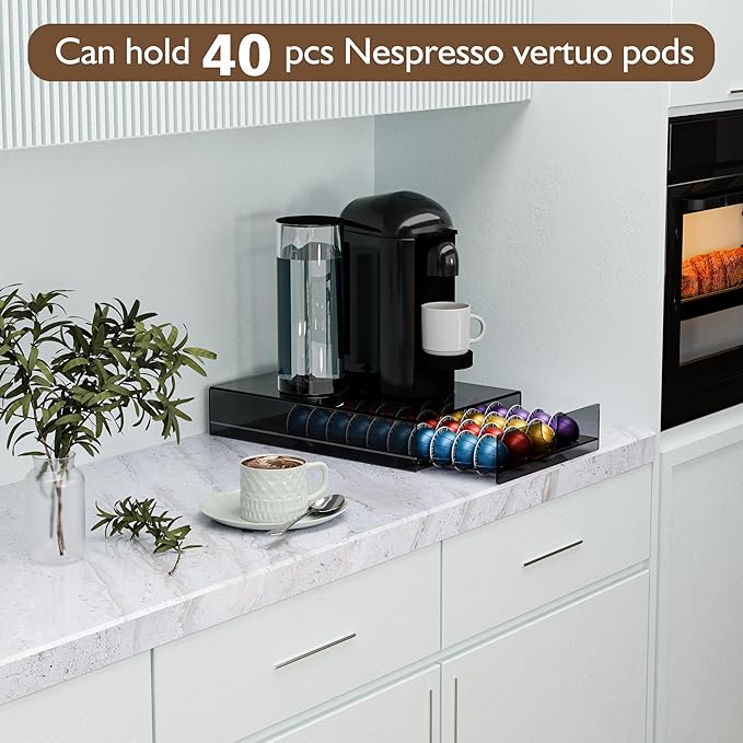 Acrylic Coffee Pod Organizer for Nespresso Vertuo Pod Holder 40 Pods Clear Vertuo Pod Storage Drawer (1 Tier) (Transparent Black)