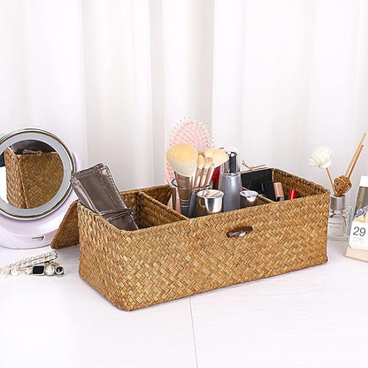 Hipiwe Seagrass Storage Basket Bin with Lid Rectangular Woven Shelf Baskets for Closets Pantry Bathroom Kitchen Shelf Organizing, Caramel,14.2" x 6.3''x 4.7''