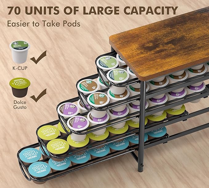 HFHOME Coffee Pod Holder with Wooden Top, Compatible with K-Cups, 5-Tier Coffee Capsule Storage Drawer, 70 Capacity Pods Organizer with 3 Mug Holders, for Home, Office, Kitchen Counter, Black