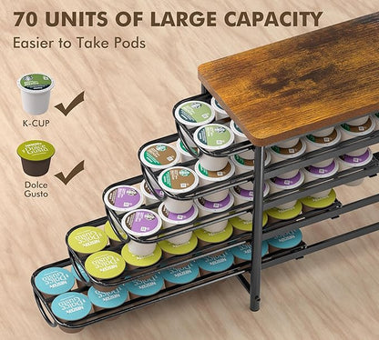 HFHOME Coffee Pod Holder with Wooden Top, Compatible with K-Cups, 5-Tier Coffee Capsule Storage Drawer, 70 Capacity Pods Organizer with 3 Mug Holders, for Home, Office, Kitchen Counter, Black