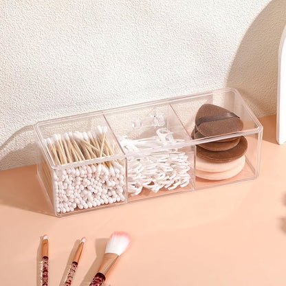 3 Pack Clear Acrylic Organizer with Lid, 3 Compartments Cotton Ball and Swab Holder Jar, Waterproof Bathroom Storage Containers for Vanity, Makeup Pads, Cosmetics, 8.94x3.54x2.56 Inch