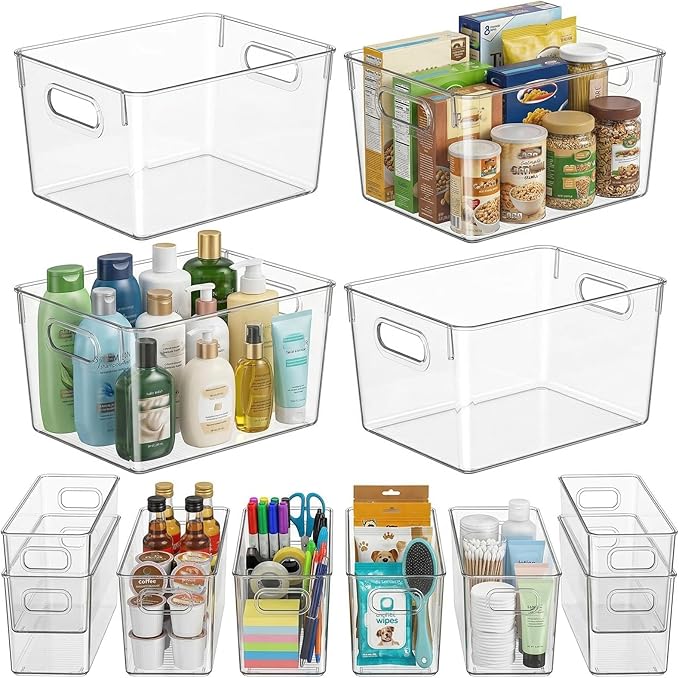MOONEDGE Set of 12 Clear Plastic Storage Organizer Bins – 4 Large and 8 Small Nestable Space-Saving System for Under-Sink, Bathroom, Kitchen, Fridge & Cabinet Organization