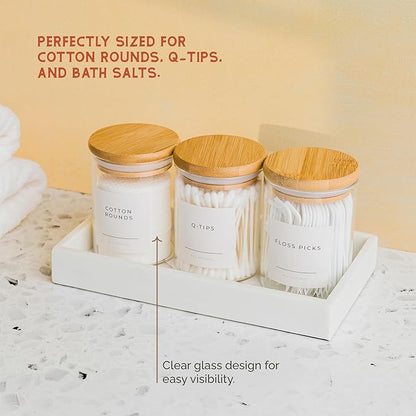 Vase and Vessel Mini Glass Apothecary Jars with Bamboo Lids, Small Bathroom and Kitchen Storage Containers, For Cotton Balls, Pads and Swabs, 10 oz, Set of 3 (Clear)
