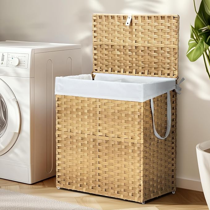 DUMOS Wicker Laundry Basket with Lid, 110L Woven Laundry Hamper with Handles, Foldable Rattan Clothes Hamper with Removable Liner & Sturdy Steel Frame, Goose Yellow