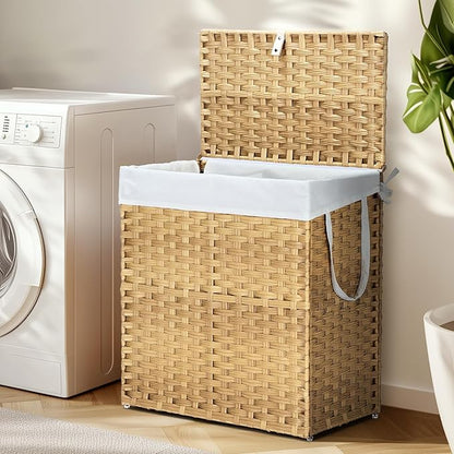 DUMOS Wicker Laundry Basket with Lid, 110L Woven Laundry Hamper with Handles, Foldable Rattan Clothes Hamper with Removable Liner & Sturdy Steel Frame, Goose Yellow