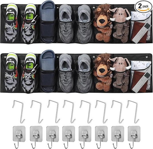 Rv Shoe Storage Solutions, 2 Pcs Hanging Shoe Organizer for Bedside, 16 Extra Large Pocket with Sturdy Hooks And Sticky Hook, Space Organization for Rv Campers More Than Just Shoes (Black)