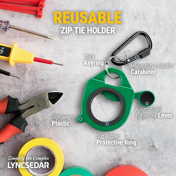 Zip Tie Holder, 2 Pack Green Cable Tie Holder Reusable, No.6 Lock Carabiner, Outdoor Use, ABS Plastic, Ziptie Organizer Clip for Electrician Tool Belt Wrap Heavy Duty Storage Container