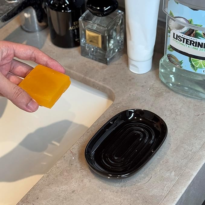 Ceramic Marble Pattern Soap Dish, Textured Raised Soap Saver Tray for Shower Bathroom Kitchen Sink Vanity, Easy to Clean Multi-Use Holder for Bar Soap Jewelry Rings Keys, Black (1 Pack)