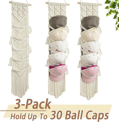 jontell Cap Holder-3 Pack-Hat Organizer for 30 Baseball Caps, Macrame Hat Rack for Wall, Cap Rack for Decoration and Display, Boho Handmade Cap Hanger Over Door Organizer