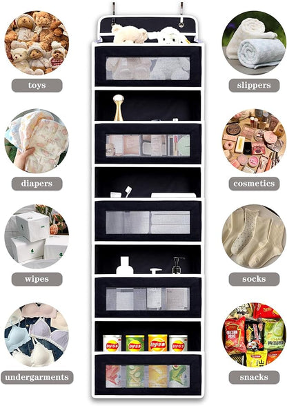 Over The Door Organizer, Reinforced Composite Fabric with Reinforced Stitching and Anti-Sag Structure, 44LB Capacity, 5 Large Pockets & 10 Mesh Pockets for Bathroom, Nursery & Laundry Room (Black)
