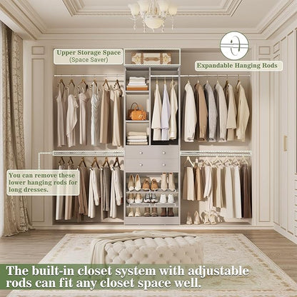 Besiost Closet System, 4.2–8.8 FT Closet Organizer with 2 Wooden Drawers and Shelves, Walk-in Closet System with 5 Hang Rods, Built-in Reach in Closet Tower, Can Fit 60 to 96 inch, Morandi Grey