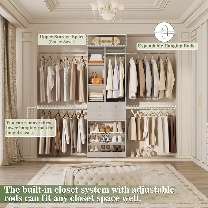 Besiost Closet System, 4.2–8.8 FT Closet Organizer with 2 Wooden Drawers and Shelves, Walk-in Closet System with 5 Hang Rods, Built-in Closet Tower, Can Fit 60 to 96 inch, Morandi Grey