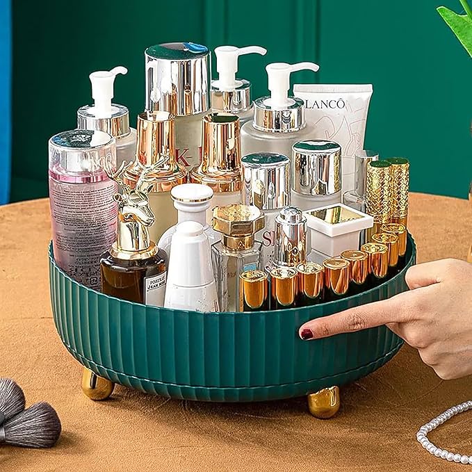 Anyoifax Makeup Perfume Organizer Tray 360 Degree Rotating Lazy Susan Skincare Lotion Organizer Spinning Cosmetics Storage for Dresser, Vanity, Bathroom Countertop, Small Teal Green