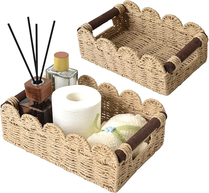 Cute Scalloped Basket, Handwoven Toilet Paper Storage with Built-in Handles, Wicker Basket for Organizing, Decoration and Home(Set of 2)