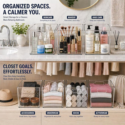 MOONEDGE 4 Pack Open Clear Plastic Storage Bins 11"x8"x6" Stackable Organizer Containers with Handle for Kitchen, Pantry, Fridge, Bathroom,Cabinet,Closet Storage