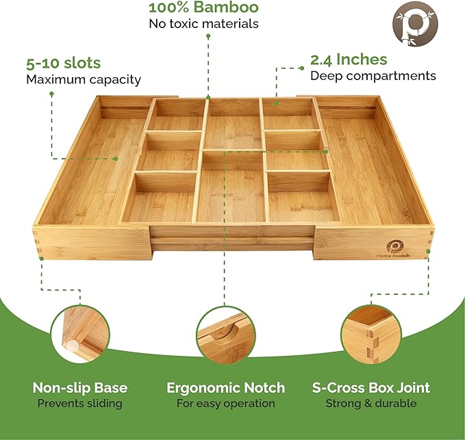 Pristine Bamboo Expandable Drawer Organizers for Kitchen - Extra Deep Non-Slip 17” x 14.6” (expands up to 25 inches) - Dark Wooden Silverware Divider (10 Compartments) – Organize Cooking Utensils
