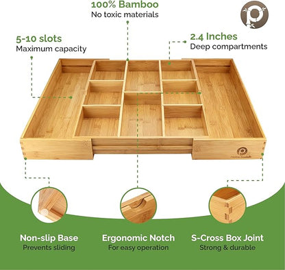 Pristine Bamboo Expandable Drawer Organizers for Kitchen - Extra Deep Non-Slip 17” x 14.6” (expands up to 25 inches) - Dark Wooden Silverware Divider (10 Compartments) – Organize Cooking Utensils