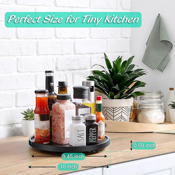 10" Wood Lazy Susan Turntable Organizer, Lazy Susan for Table Top Cabinet Dining Pantry Countertop Cupboard Organization, Decorative Tray for Kitchen Bathroom Decor Coffee Bar Accessories, Black