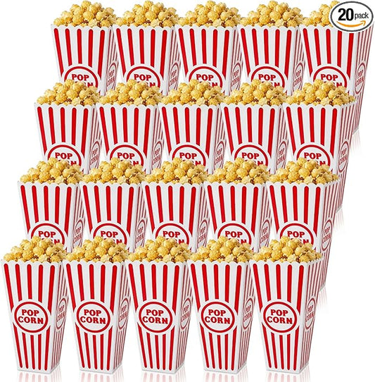 Tebery 20 Pack Plastic Popcorn Boxes Open-Top, Reusable Popcorn Bucket Container for Movie Night, Classic Red White Striped Party Snack Bowls for Party Favors, Birthday, Carnival, 7.5" x 4"