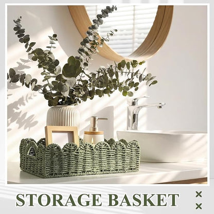 Boao 3 Pcs Boho Storage Wicker Baskets Handmade Woven Decorative Paper Rope Baskets for Organizing with Handle Countertop Toilet Paper Storage Container for Toilet Tank Top(Green,Fan-shaped)