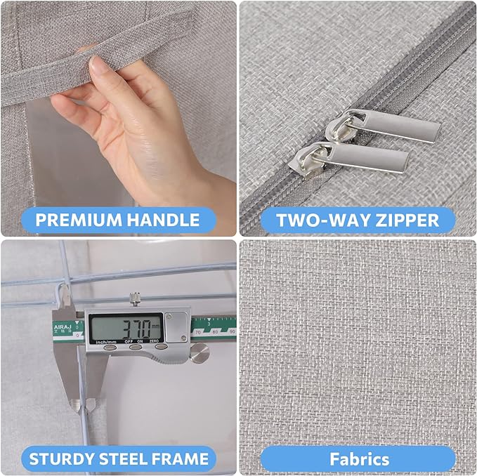 CYhom 2Pack Extra Large Clothes Storage Bins Box - Linen Fabric Foldable Stackable Container Organizer Set with Clear Window & Carry Handles & Metal Frame (Light Grey, Extra Large-100L)